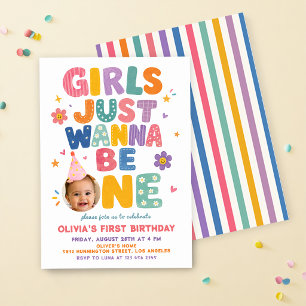 Girls Just Wanna Be One Colourful Birthday Photo Invitation