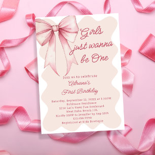 Girls Just Wanna Be One Cute Bow 1st Birthday Invitation