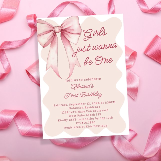 Girls Just Wanna Be One Cute Bow 1st Birthday Invitation (Creator Uploaded)