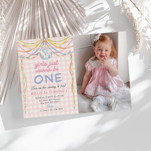 Girls Just Wanna Be One Gingham 1st Birthday Photo Invitation
