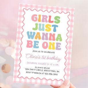 Girls Just Wanna Be One Gingham Colorful Birthday Invitation