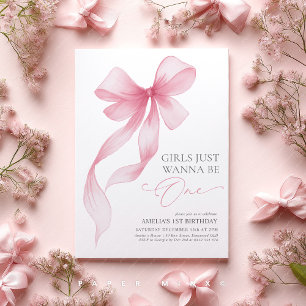 Girls Just Wanna Be One Pink Bow 1st Birthday Girl Invitation