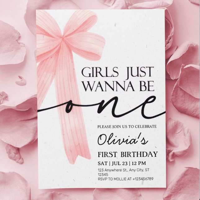 Girls Just Wanna Be One Pink Bow 1st Birthday Invitation (Creator Uploaded)