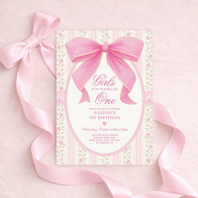 Girls Just Wanna Be One: Pink Bow 1st Birthday Invitation (Creator Uploaded)
