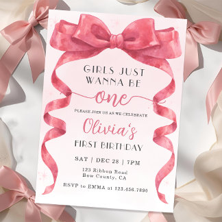 Girls Just Wanna Be One Pink Bow 1st Birthday Invitation
