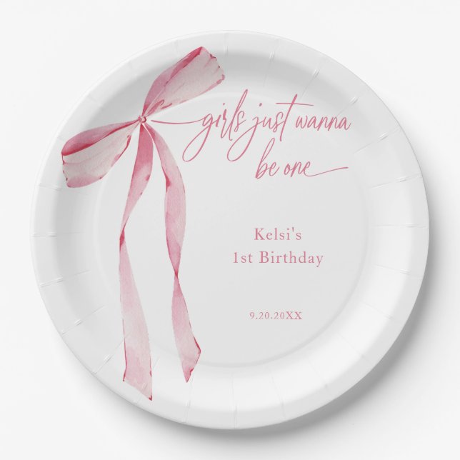 Girls Just Wanna Be One Pink Bow 1st Birthday Paper Plate (Front)