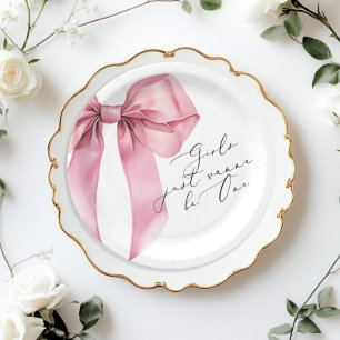 Girls just wanna be One Pink Bow 1st birthday Paper Plate