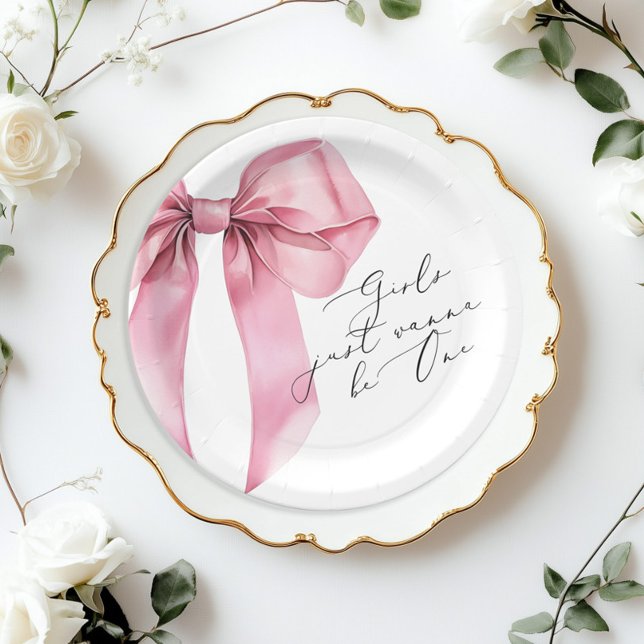 Girls just wanna be One Pink Bow 1st birthday Paper Plate (Creator Uploaded)