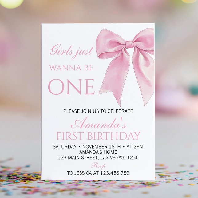 Girls Just Wanna Be One Pink Bow Coquette Birthday Invitation (Creator Uploaded)