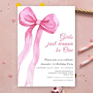 Girls Just Wanna Be One Pink Bow First Birthday Invitation