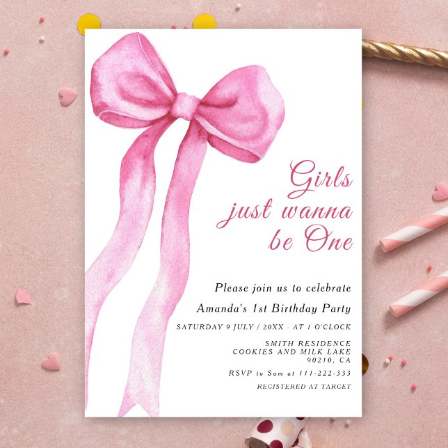 Girls Just Wanna Be One Pink Bow First Birthday Invitation (Creator Uploaded)