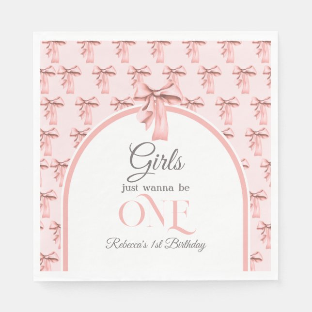Girls Just Wanna be ONE Pink Bow First Birthday Napkin (Front)