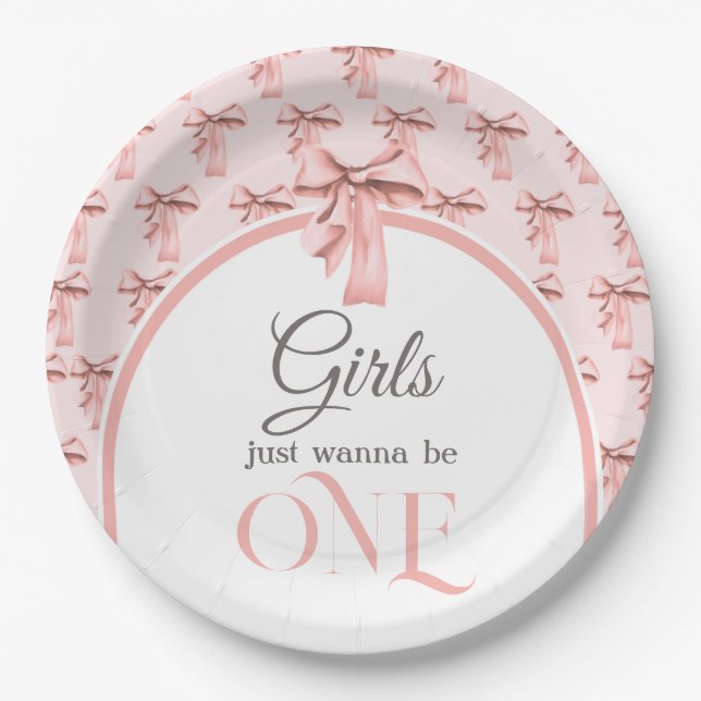 Girls Just Wanna be ONE Pink Bow First Birthday Paper Plate (Front)
