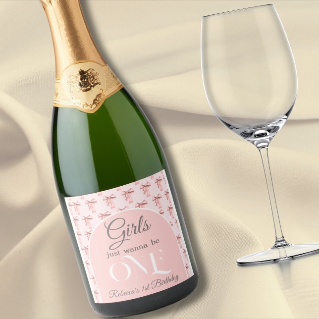 Girls Just Wanna be ONE Pink Bow First Birthday Sparkling Wine Label (Creator Uploaded)