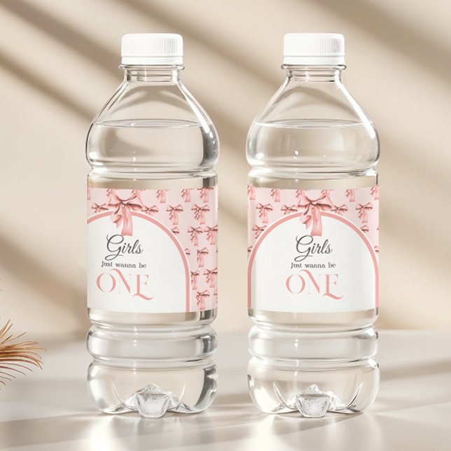 Girls Just Wanna be ONE Pink Bow First Birthday Water Bottle Label (Creator Uploaded)