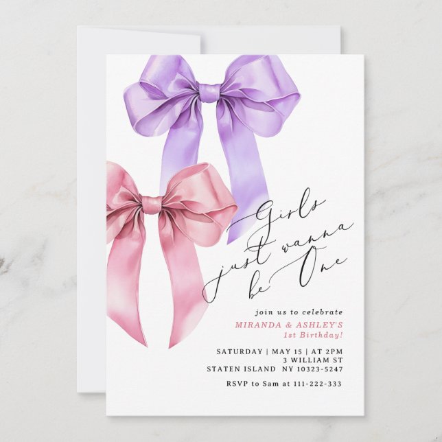 Girls just wanna be One Pink Bow Twin Girls Invitation (Front)