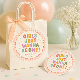 Girls Just Wanna Be One Pink Gingham 1st Birthday Classic Round Sticker