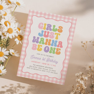 Girls Just Wanna Be One Pink Gingham 1st Birthday Invitation