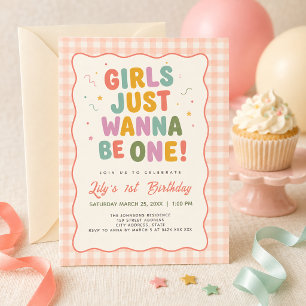Girls Just Wanna Be One Pink Gingham 1st Birthday  Invitation
