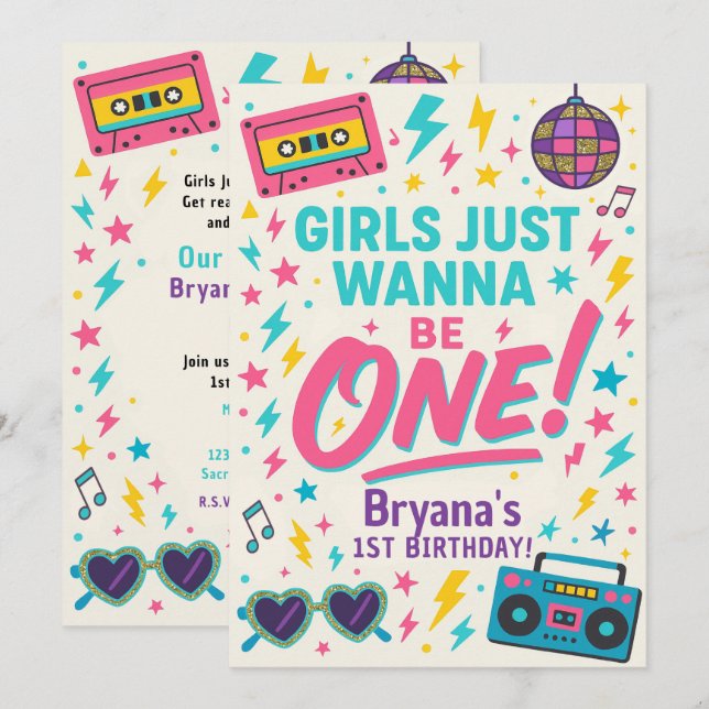 Girls just wanna be ONE Pop 1st Birthday Party Invitation (Front/Back)