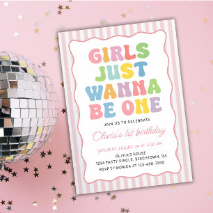 Girls Just Wanna Be One Stripes Colorful Birthday Invitation