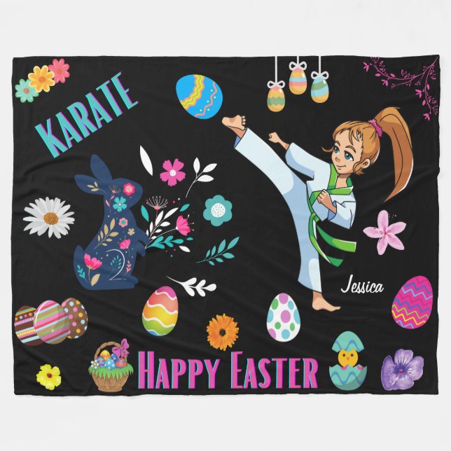 Girls Karate Happy Easter Decorative Fleece Blanket (Front (Horizontal))