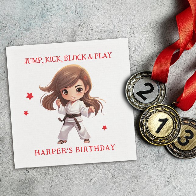 Girl's Karate Martial Arts Birthday Party Napkin (Sensei-approved Tableware!  Power-packed punch of fun with our martial arts paper napkins!)