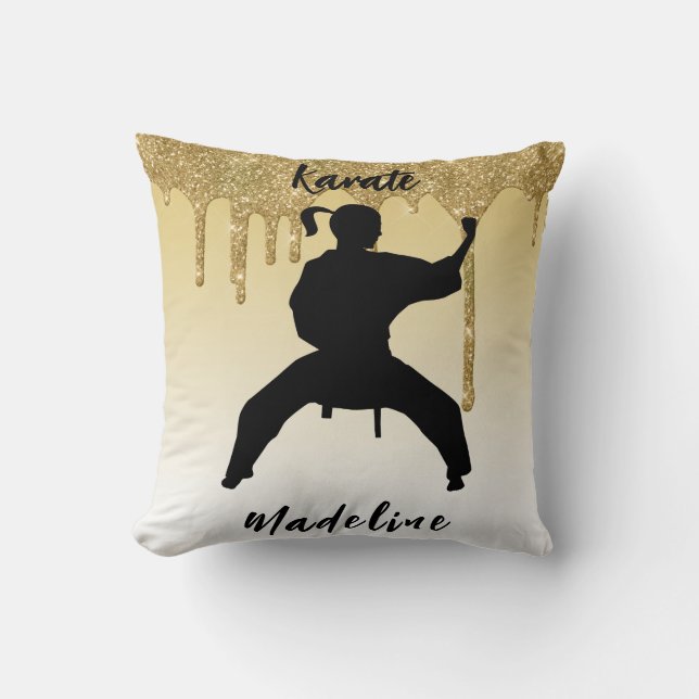 Girls Karate Stance Gold Glitter Drip Ombre   Cushion (Front)