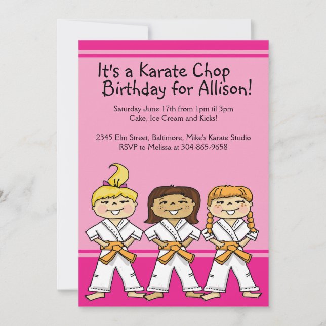 Girls Karate Themed Birthday Party Invitations (Front)