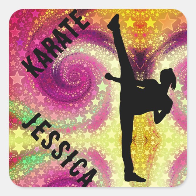 Girls Karate Tropical Swirl High Kick  Square Sticker (Front)