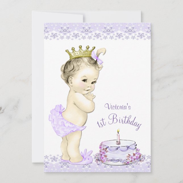 Girls Lavender First Birthday Invitations (Front)