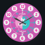 Girls learn to tell time pink aqua name clock<br><div class="desc">Colourful girls graphic wall clock colour coded to help assist your child to read a clock. This colourful teaching aid includes minutes and hours and past and to making child's play of telling the time. Clock colour coded in pinks, aqua and white featuring a little white butterfly and can be...</div>