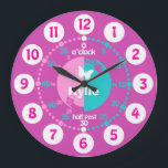 Girls learn to tell time pink aqua name clock<br><div class="desc">Colourful girls graphic wall clock colour coded to help assist your child to read a clock. This colourful teaching aid includes minutes and hours and past and to making child's play of telling the time. Clock colour coded in pinks, aqua and white featuring a little white butterfly and can be...</div>