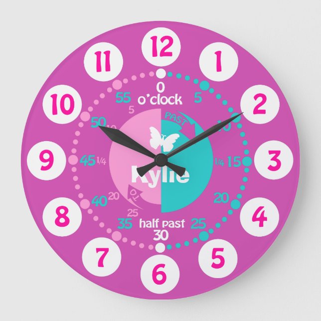 Girls learn to tell time pink aqua name clock (Front)