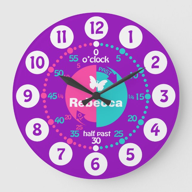 Girls learn to tell time pink aqua name clock (Front)