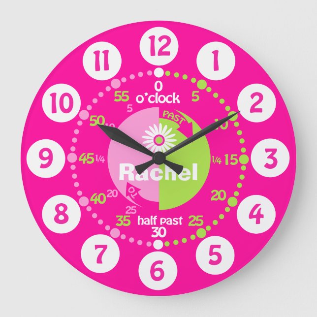 Girls learn to tell time pink green name clock (Front)