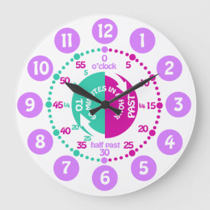 Girls learn to tell time purple mint wall clock