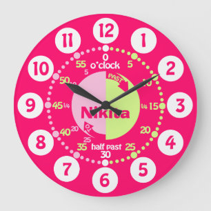 Girls learn to tell time red pink green name clock