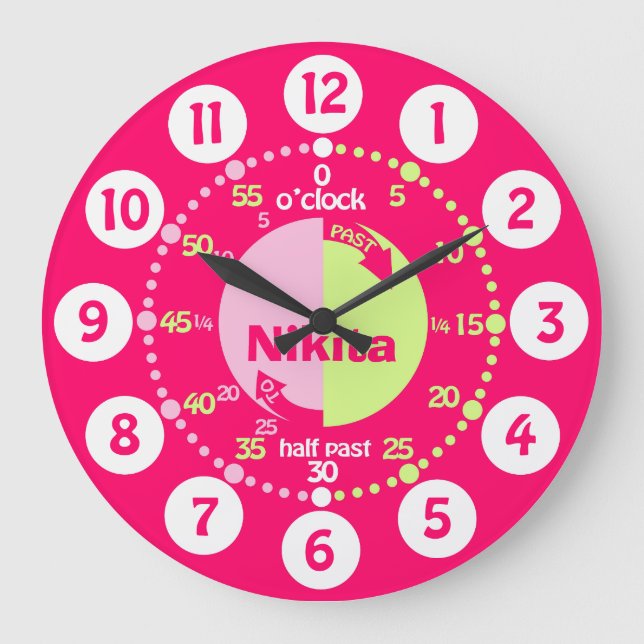 Girls learn to tell time red pink green name clock (Front)