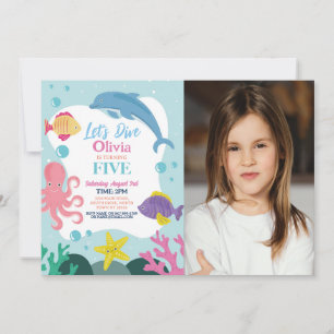 Girls Let's Dive Five 5th Pink Dolphin Sea Photo Invitation