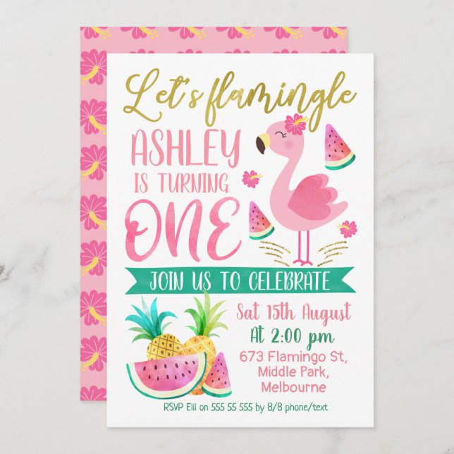 Girls let's flamingle first birthday invitation (Front/Back)