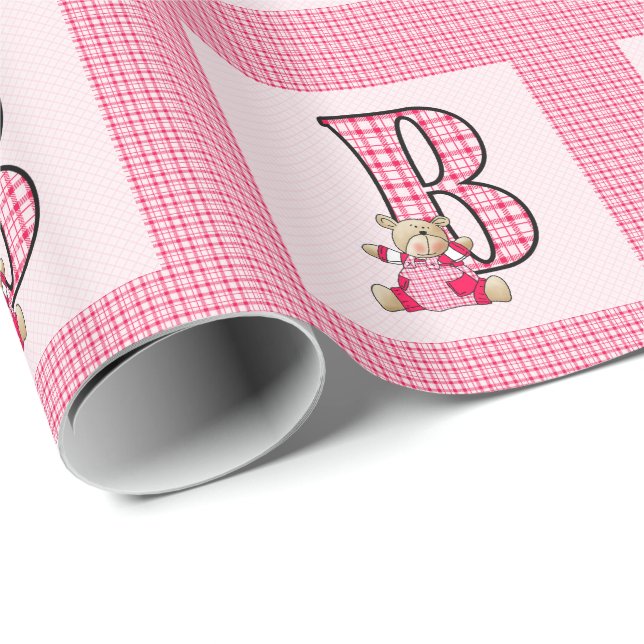 Girls Letter 'B' with Teddy Bear and Pink Gingham Wrapping Paper (Roll Corner)