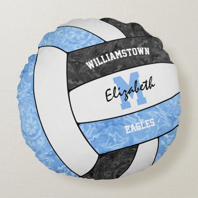 girls light blue black volleyball team colours round cushion (Front)