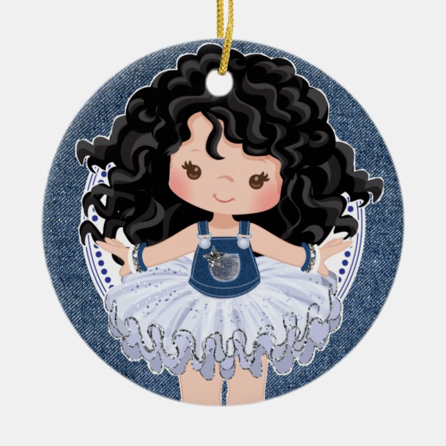 Girls Little Cutie in Denim & Diamonds Christmas Ceramic Ornament (Front)