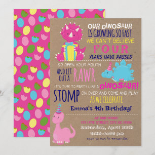 Girl's Little Dinosaur Kids Birthday Invitation