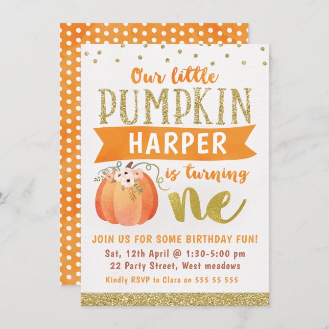 Girls Little Pumpkin 1st Birthday Invitation (Front/Back)
