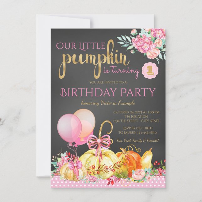 Girls Little Pumpkin Chalkboard 1st Birthday Invitation (Front)
