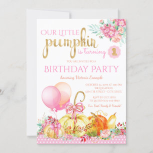Girls Little Pumpkin First Birthday Invitations
