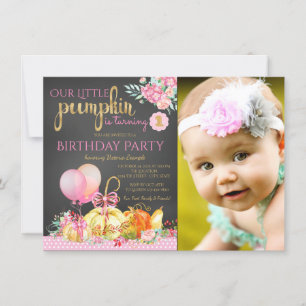 Girls Little Pumpkin Photo First Birthday Invitation