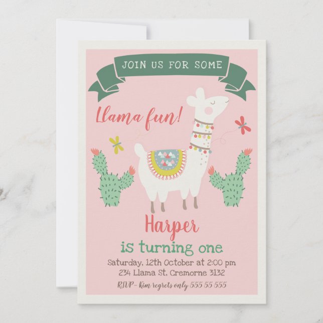 Girls Llama And cactus Birthday Invitation (Front)